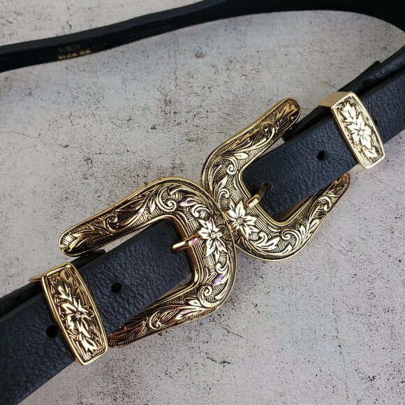 B-Low The Belt Bri Bri Genuine Leather Double-Buckle Western Belt Black /Gold XS - Picture 8 of 9